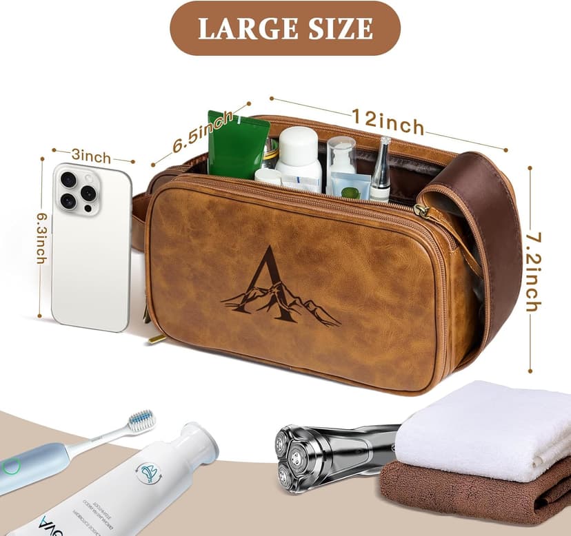 Janhavi Personalized Toiletry Bag for Men, Gifts for Boyfriend, Toiletry Bag For Shower Caddy,Personalized Initials & Mountain, Mens Toiletry Travel Bag, Travel Essentials for Men (Brown J)