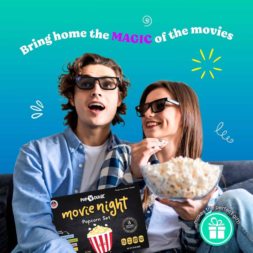 Pop n' Dulge Popcorn Movie Night Supplies 16 pcs Gift Set, 5 Gourmet Popcorn Kernels, 5 Seasoning Variety Packs Non-GMO Kosher Snacks, Great Housewarming Family Date Night Gifts Basket Ideas For Him Her