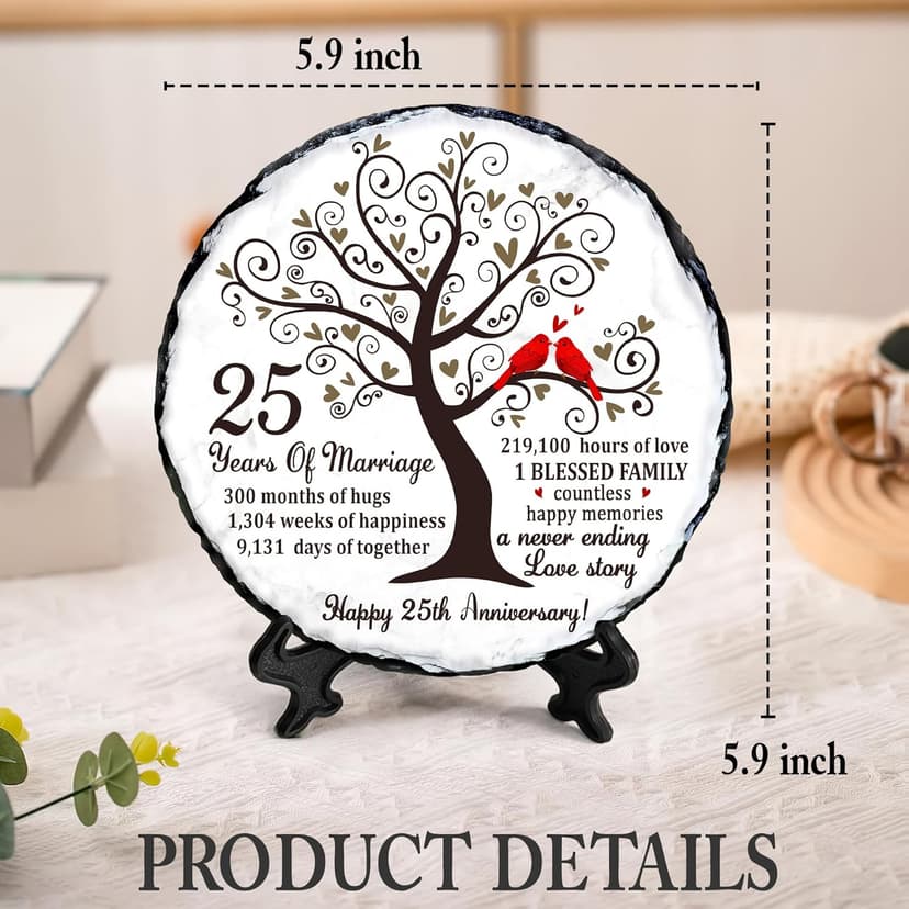 25th Wedding Anniversary Slate Sign – Silver Anniversary Wedding Gifts for Parents, Grandparents or Couple – Elegant 5.9 Inches Plaque – 25 Years of Marriage Celebration Decoration