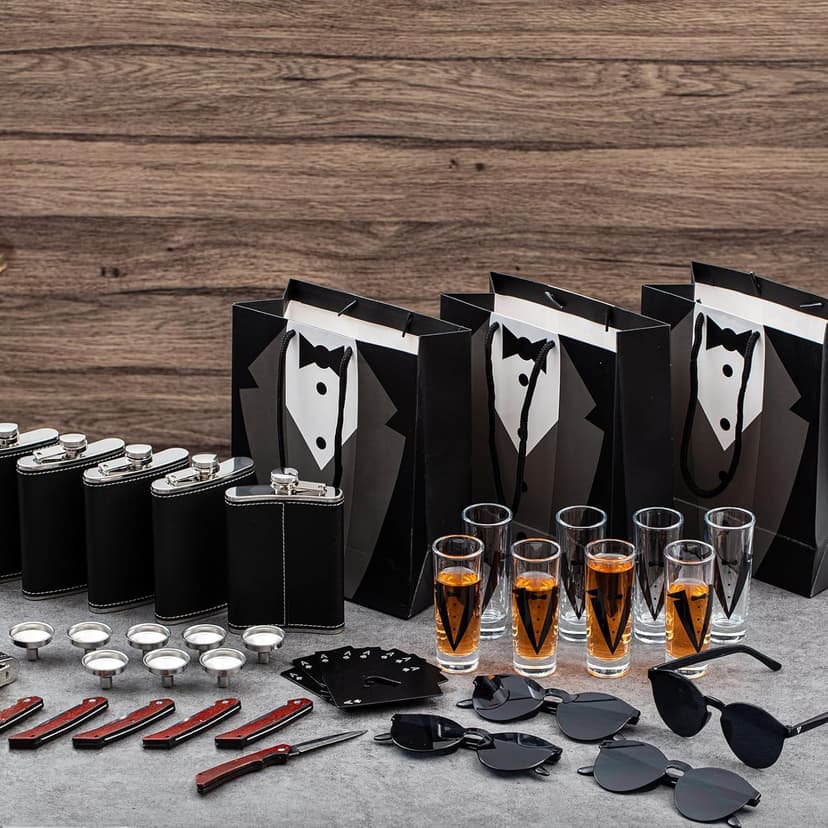 Tioncy 48 Pcs Groomsmen Proposal Gift 8 Engraved Pocket Knife 8 Groomsmen Gift Bags 8 Shot Glasses with Tuxedos 8 Stainless Steel Hip Flask 8 Poker Card Bottle Opener 8 Sunglasses