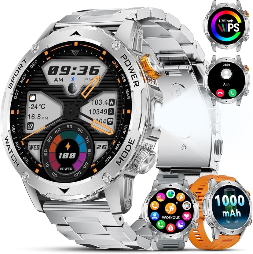 Military Smart Watch for Men 1000 mAh Battery/3 Bands/Flashlight,1.75'' HD Display Smart Watch with Call,IP68 Waterproof Fitness Tracker with Heart Rate,Sleep Monitor,100+ Sport Modes,for iOS Android
