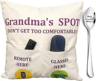 Grandma Gifts, 2-Pocket Grandma’s Spot Throw Pillow Covers 18x18 Inch + Engraved Spoon, Birthday Christmas hanksgiving Day Gifts for Grandma Mom Gigi Nana Mimi