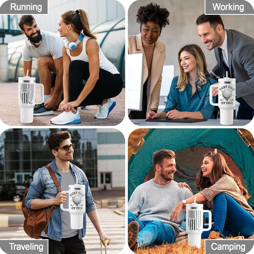 Golf Gifts for Dad - Fathers Day Golf Gifts for Men - Funny Golfer Gift Ideas for Him - Best Dad By Par - 40oz Travel Cup Insulated Tumbler with Handle & Straw