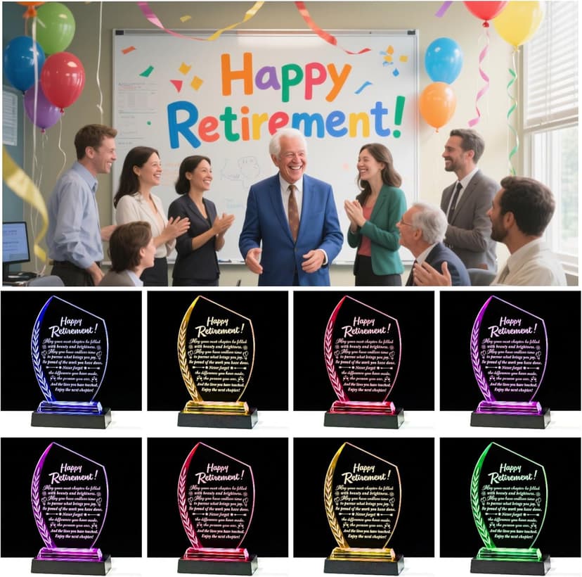 Movdyka Retirement Gifts for Women Men - 2025 Happy Retirement Crystal Keepsakes Plaque with Light Base Best Retired Gift for Woman Teacher Doctor Nurse Coworkers Boss Mom Friends Retiring Decor