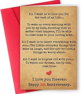 Romantic 1 Year Anniversary Card and Gift Ideas for Boyfriend, Girlfriend, Husband, Wife, Men & Women – 1st Year “Love Letter” Vintage Style – Heartfelt Present for First Anniversary