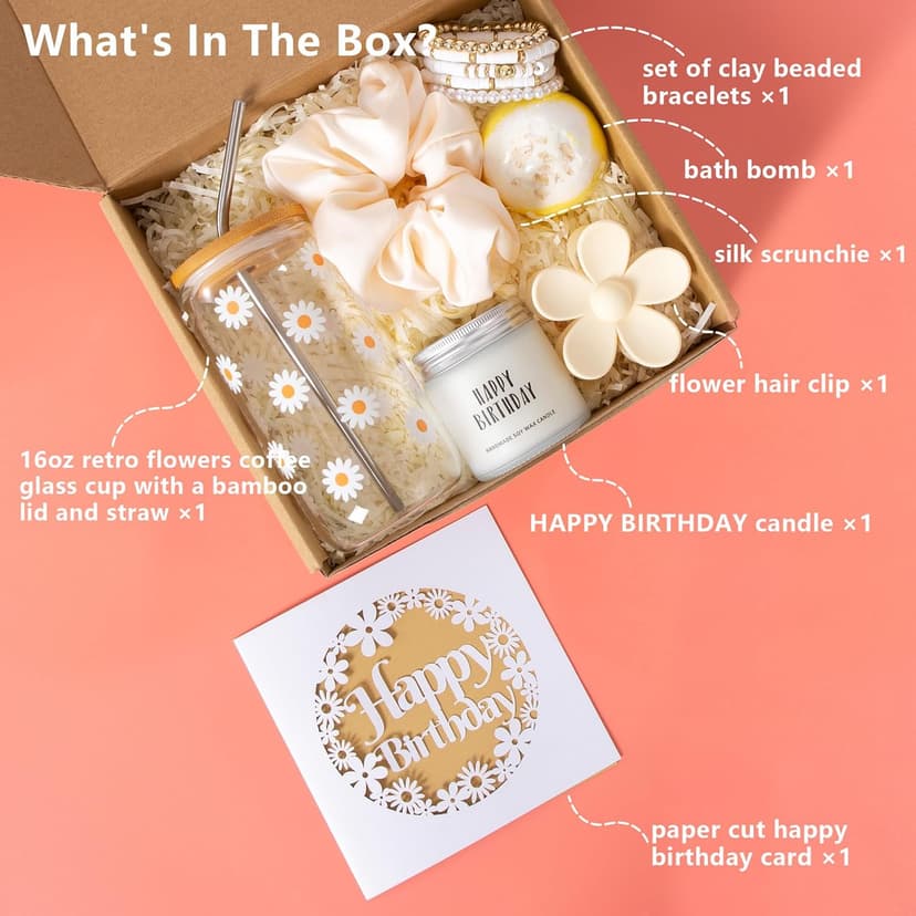 JTEWB Birthday Gifts For Women, Teen Girl, Her, Happy Birthday Gift Box For Girl, Women, Sister, Daughter, Friends, Cute Daisy Aesthetic Glass Cups Gift Set 7pcs