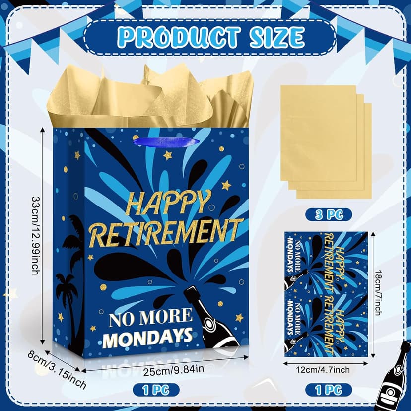 Yomaiha Blue Retirement Gift Bag with Tissue Paper and Greeting Card Retirement Wrapping Paper Bag for Men Women 2026 Retired Gift Wrapping Bag for Coworker Farewell Going Away Party Retired Supplies