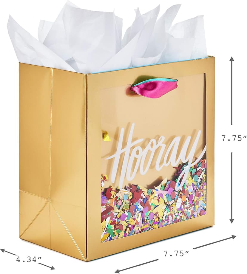 Hallmark Signature 7" Medium Gift Bag with Tissue Paper (Hooray; Gold with Pink, Teal, Purple Confetti) for Bridal Showers, Graduations, Retirements and More