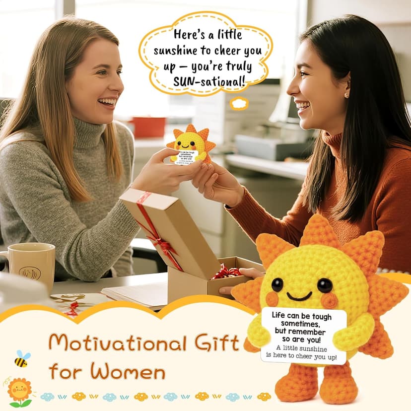 Mini Positive Crochet Sunshine Flowers Emotional Cheer Up Support Gift for Women Friends Coworkers Inspirational Stress Relief Gift Mental Health Positive Present for Birthday Christmas White Elephant