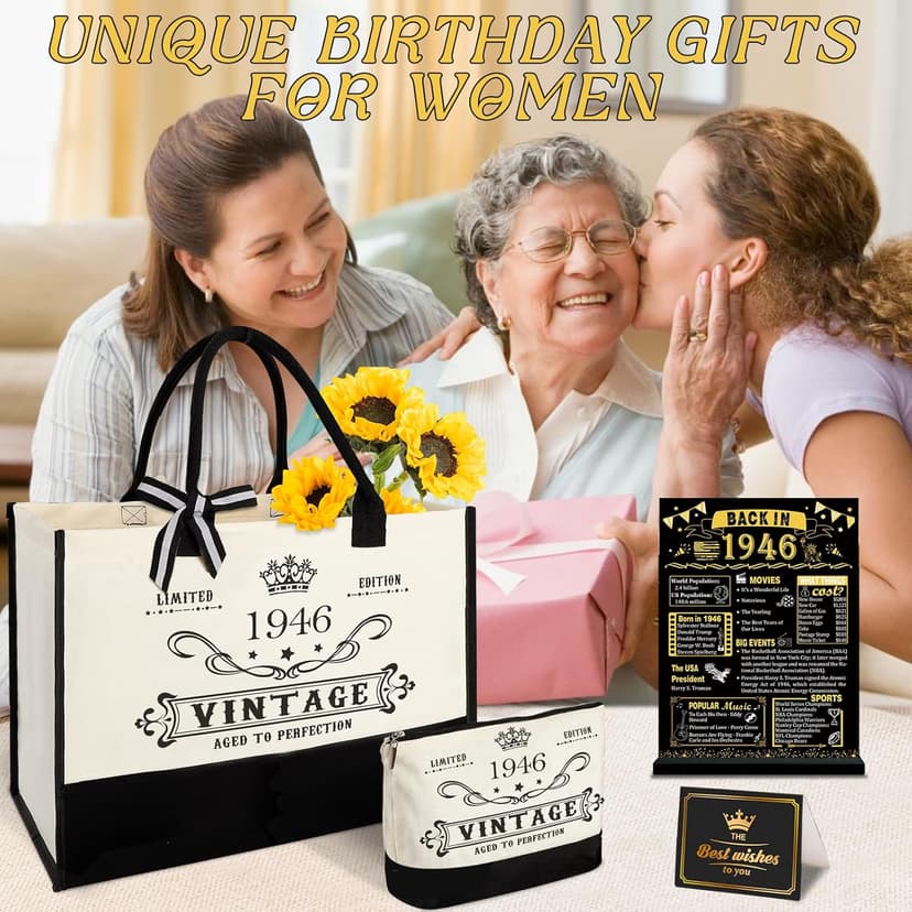 YeohJoy 80th Birthday Gifts for Women Canvas Tote Bag Travel Gear, Unique 80 Years Old Birthday Gifts for Mom Wife Aunt Friends Her, Vintage 1945 Handbag & Cosmetic Bag & Back in 1945 Poster