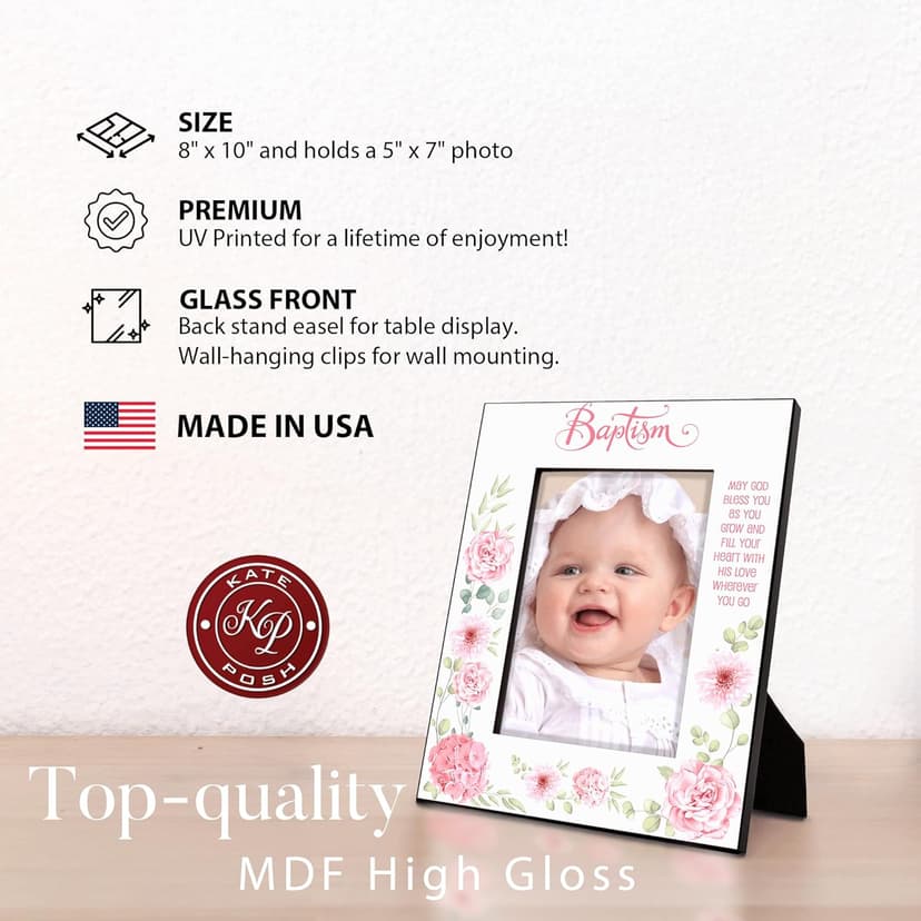 KATE POSH Baptism Picture Frame for Girl, Pink Flowers Decor, Christening, Religisous Gift, From Godparents, New Baby (5x7-Vertical)