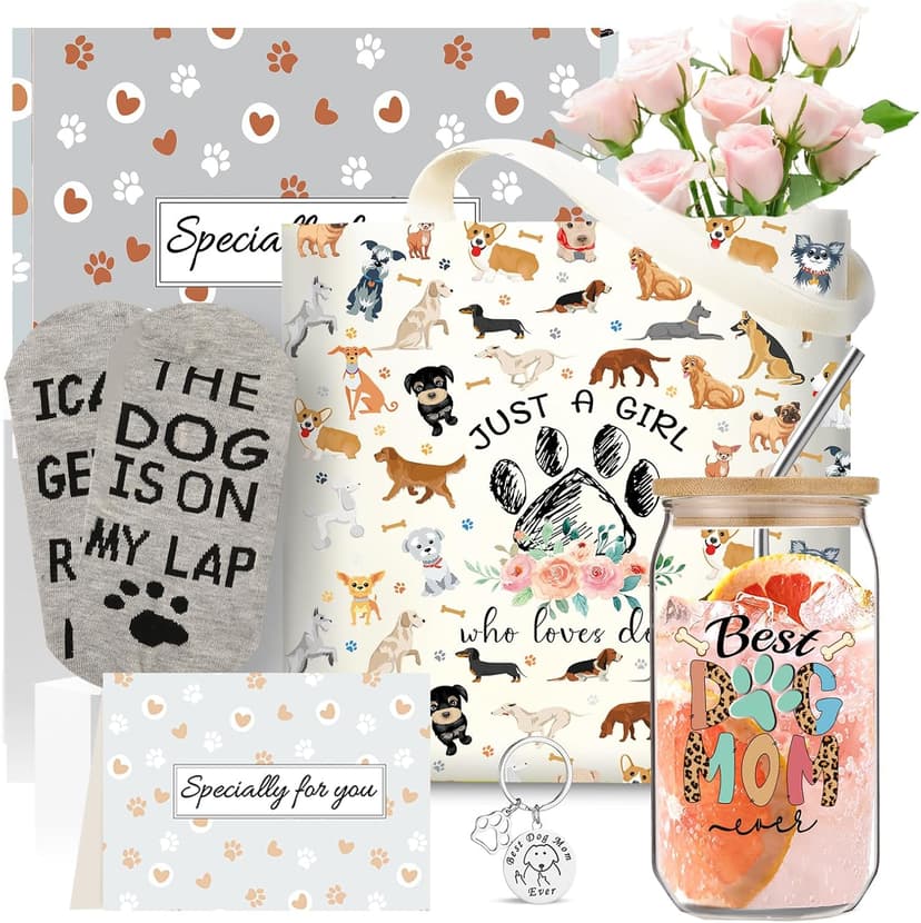 Dog Mom Gifts for Women, 16OZ Glass Cup Unique Christmas Gifts Idea Box set with Socks for Dog Lovers, Dog Mom Birthday Mothers Day Gifts Basket