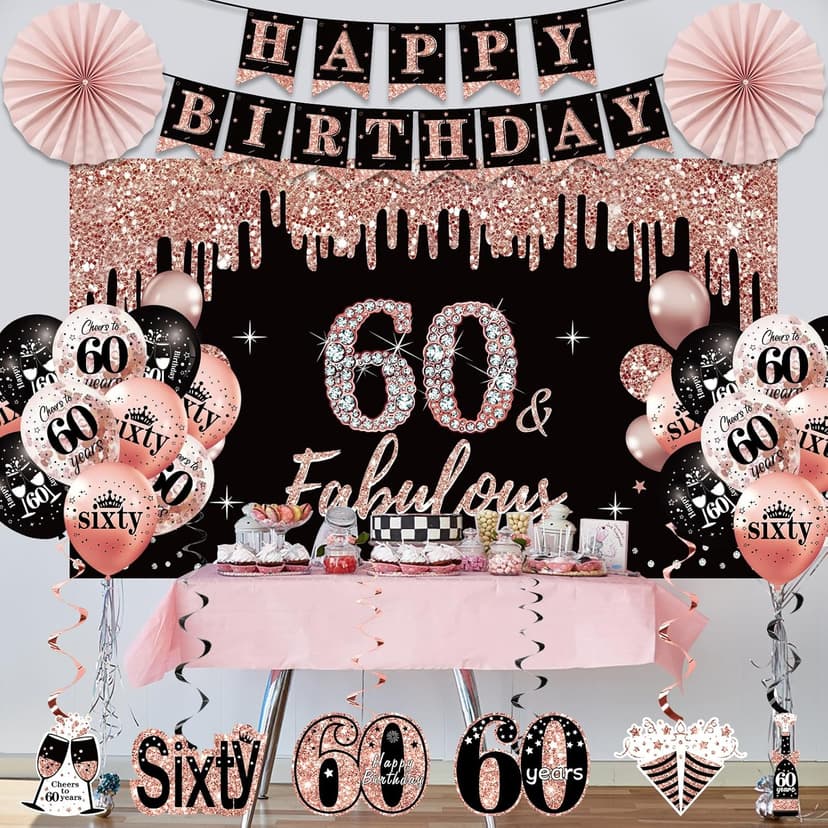60th Birthday Decorations for Women, 33pcs Black Rose Gold Happy 60th Birthday Banner Crown and Sash Balloons Backdrop Hanging Swirls Paper Fans, 60 Years Old Party Supplies Kit