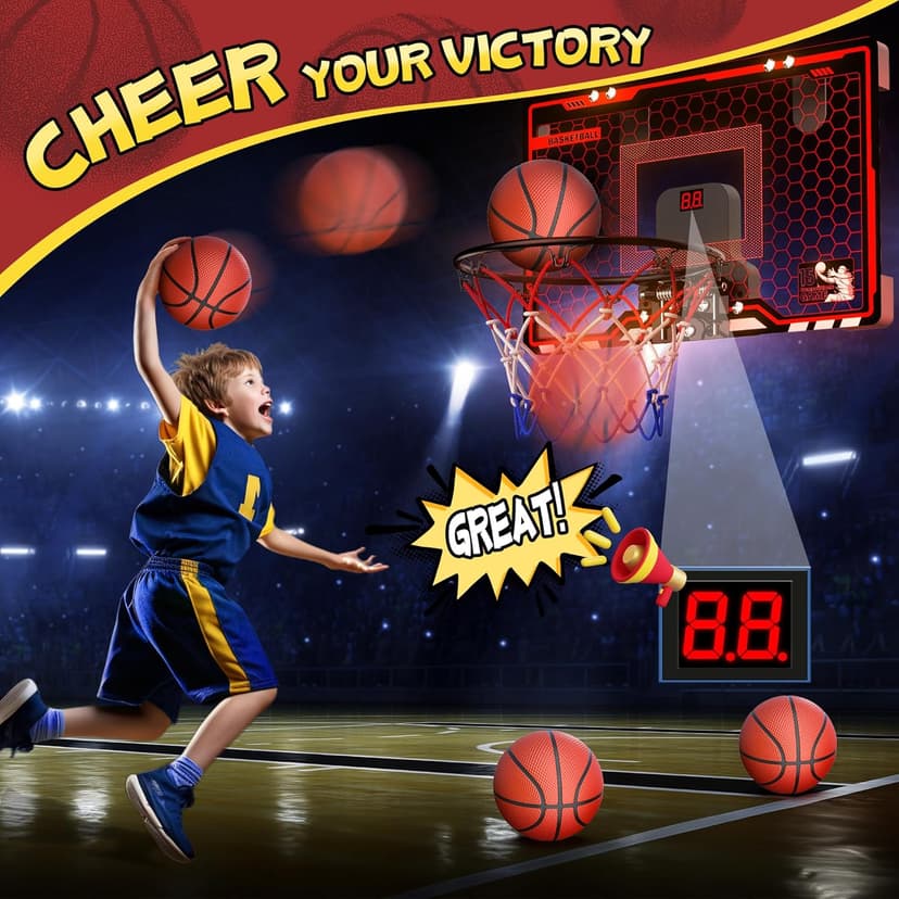 HopeRock Indoor Basketball Hoop for Kids, Over The Door Mini Basketball Hoops, with LED Light, Scoreboard, Birthday Toys Gifts for 5 6 7 8 9 10 11 12+ Year Old Boys