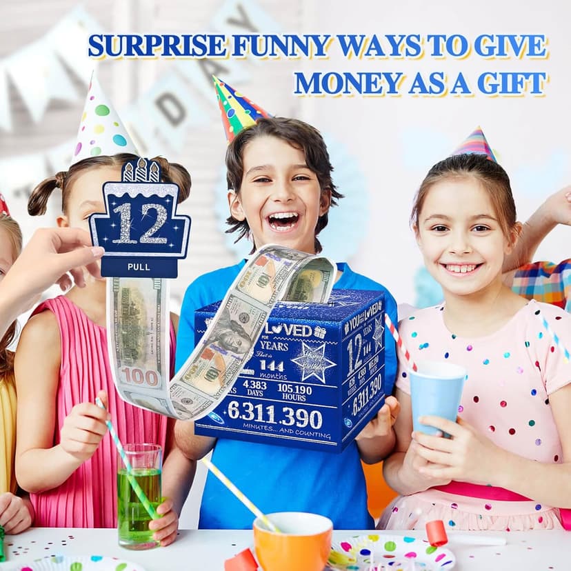 12 Happy Birthday Money Box for Cash Gift, 12th Birthday Decorations for Boys and Girls, Gifts for 12 Year Old Boy, Boy Gift Ideas, Cool Things for Teen -Blue with 100PCS Bags