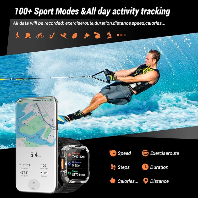 Military Smart Watch for Men (Answer/Make Calls), 2.01'' Smart Watch for Android and iPhone, Fitness Tracker with Flashlight/Compass/100 Days Battery/Heart Rate/Sleep/100+ Sport Modes(2 Straps)