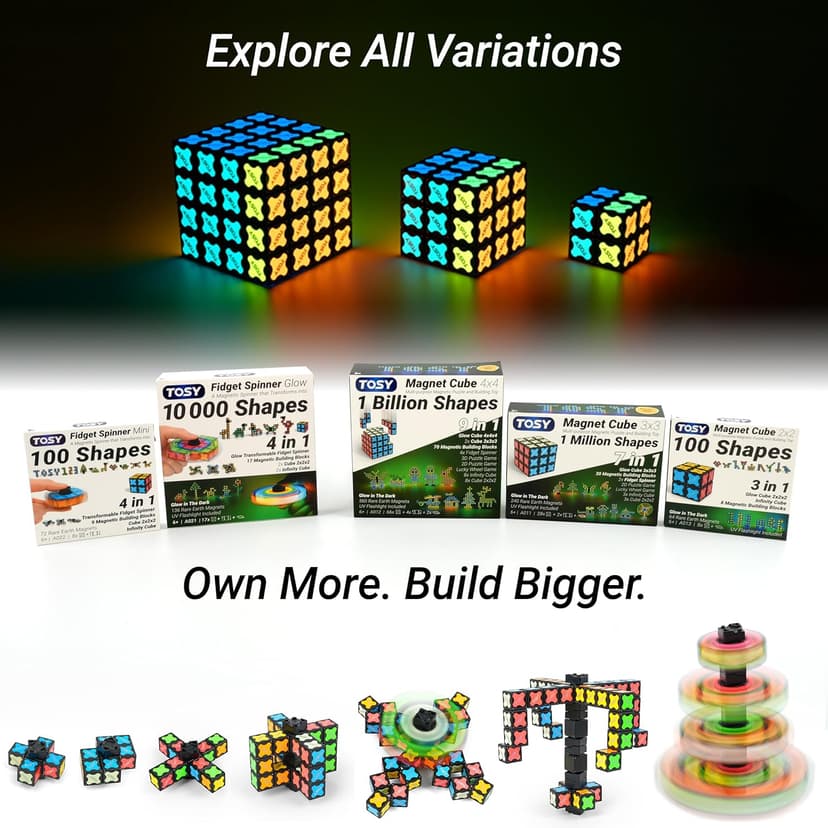 TOSY Magnet Fidget Spinner Mini - 8 Blocks, 3 in 1 Toy: Transformable Fidget Spinner, Infinity Cube, 2x2 Puzzle Cube, Christmas Stocking Stuffers Gift for Kids/Adults, STEM Sensory Stress Relief Toy