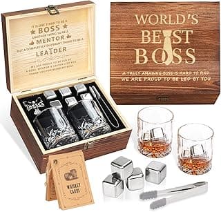 Oaksea Boss Day Gifts for Men Him Christmas, Anniversary Unique Gifts for Him, Birthday Retirement Gift for Boss Men, Stainless Steel Engraved Whiskey Stones Glasses Cool Burbon Scotch Set Gift