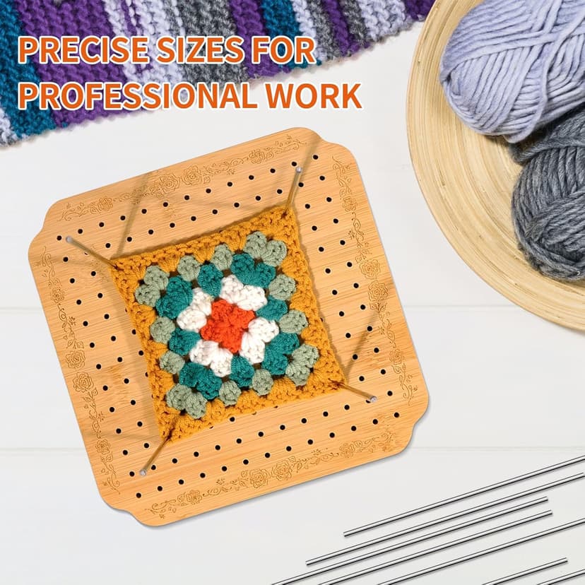 CraftyManor 7.6 in Blocking Boards for Crochet Projects with Rose Pattern, Crochet Blocking Board with Pegs, Granny Square Blocking Board with 20 Stainless Steel Pegs, Bamboo