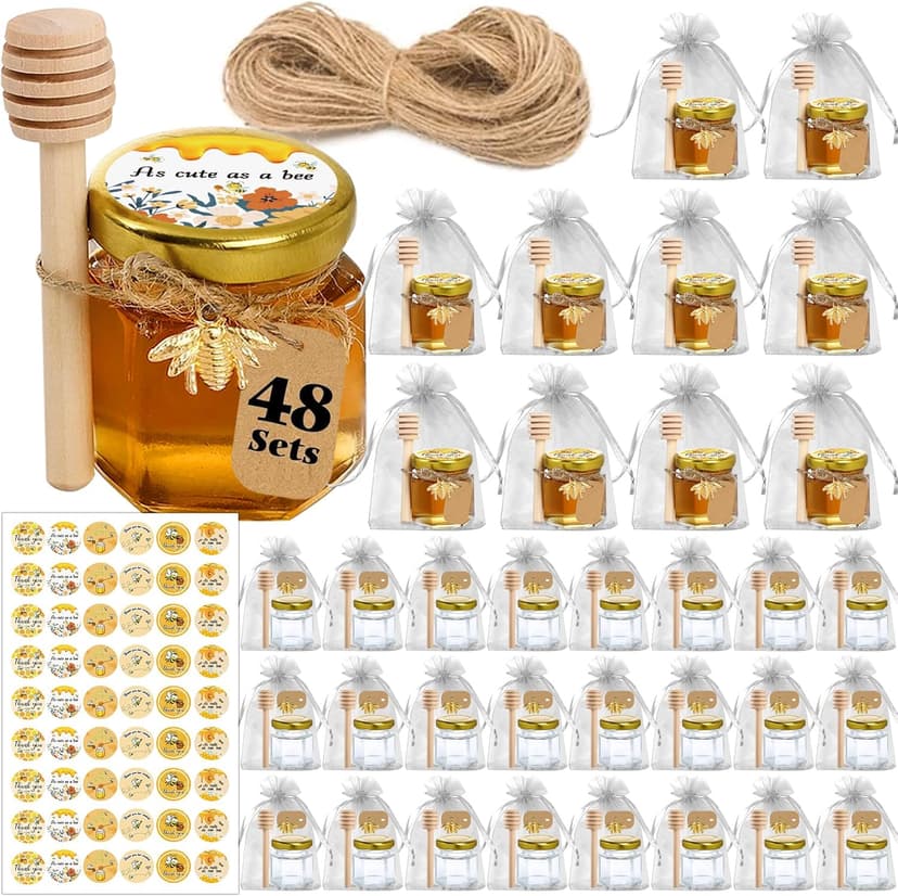 Aliggbent 48 Pack Mini Honey Jars Party Favors in Bulk, 1.5 oz Small Hexagon Glass Honey Jars with Dippers, Lids, Cute Stickers, Bee Charms, Gift Bags and Jute for Baby Showers, Weddings & Birthdays