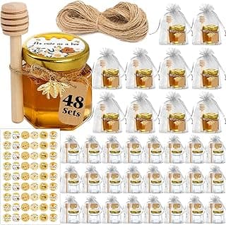 Aliggbent 48 Pack Mini Honey Jars Party Favors in Bulk, 1.5 oz Small Hexagon Glass Honey Jars with Dippers, Lids, Cute Stickers, Bee Charms, Gift Bags and Jute for Baby Showers, Weddings & Birthdays