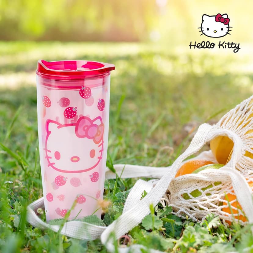 Silver Buffalo Sanrio Hello Kitty Strawberry Double Wall Travel Tumbler with Slide Close Lid, 20 Ounces