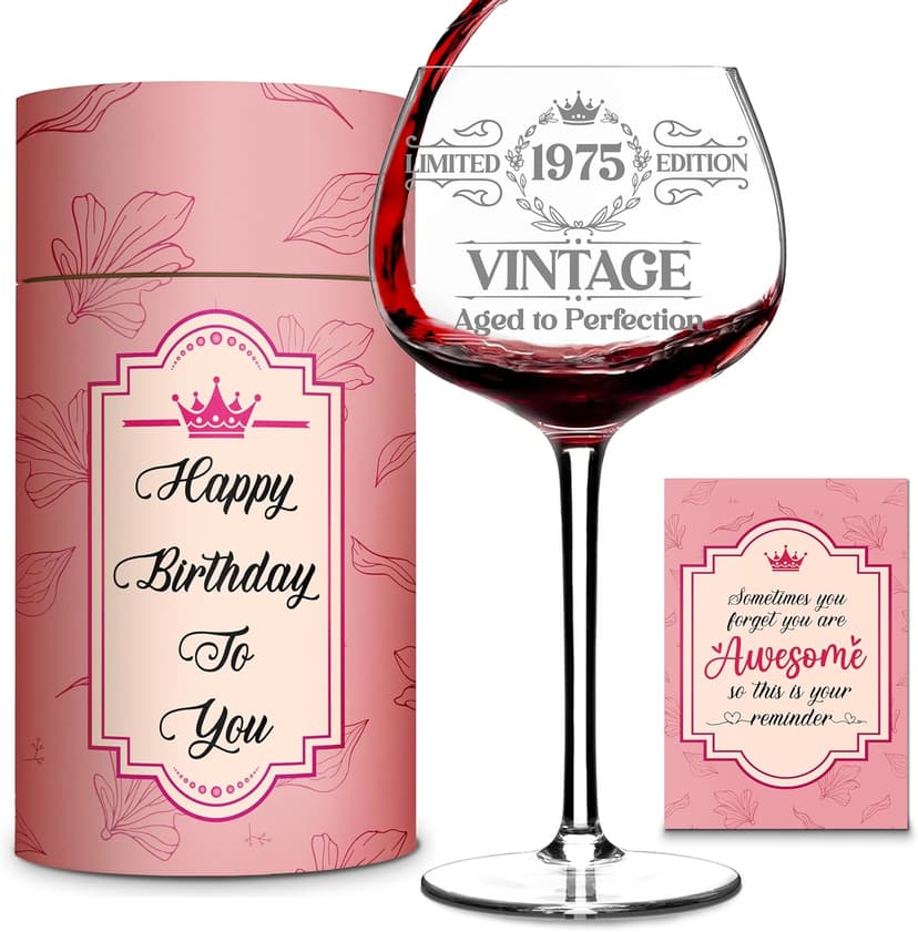 Vintage 1975 Engraved Wine Glass - 50th Birthday Gifts For Her - Cool Gifts For 50 Year Old Woman - 1975 Birthday Present - Fifty Women Gift Ideas - Turning 50 Cup for Wife, Sister, Daughter, Ladies