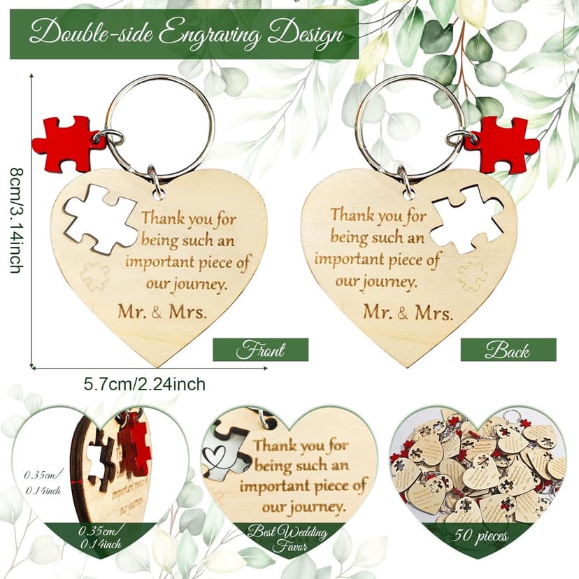 AerWo 50 Sets Wedding Favors for Guests, Wedding Party Favors with Rustic Wood Heart Puzzle Keychains Thank You Cards and Organza Bags, Wedding Gifts for Guests Wedding Bridal Shower Thank You Gifts