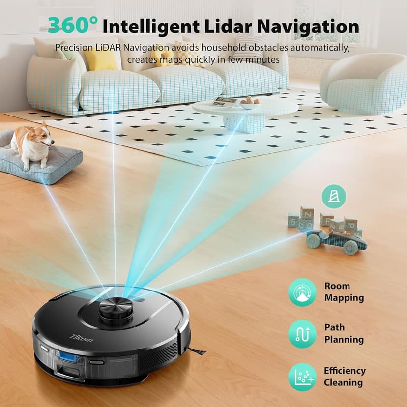 Tikom Robot Vacuum and Mop, 6000Pa Robotic Vacuum Cleaner with Self-Emptying Base, 90 Days Capacity, LiDAR Navigation, Home Mapping, Ideal for Pet Hair, Hard Floors, Carpet (L8000 Plus)