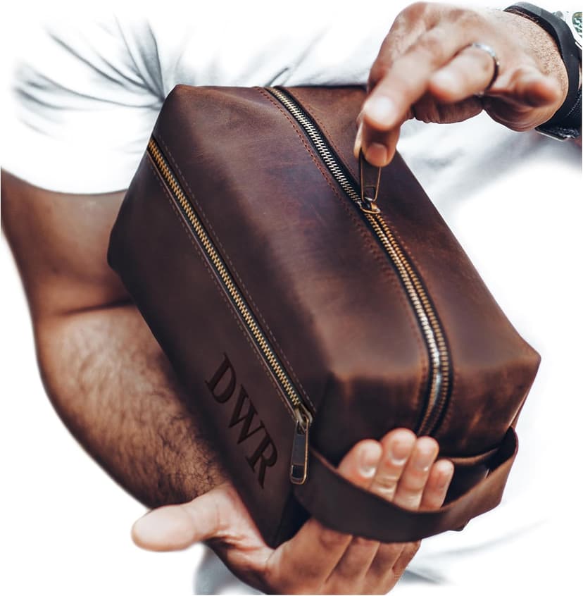 Mens Waterproof Toiletry Bag – Crafted in USA – Ideal Gift for Husband, Dad, Groomsmen, Boyfriend & Friend – Genuine Leather Toiletry Bag Customized Name or Initials – Personalized Travel Bag for Men