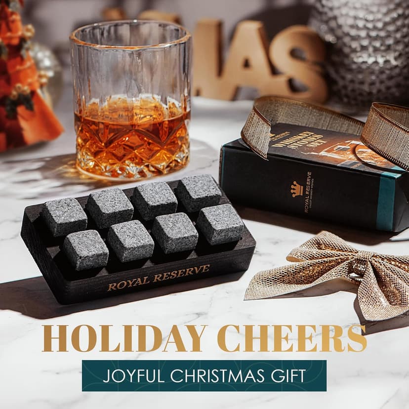 Whiskey Stones Gift Set by Royal Reserve – Artisan Crafted Reusable Chilling Rocks for Scotch Bourbon – Stocking Stuffer for Men - Whiskey Gifts for Husband Guy Dad Boyfriend