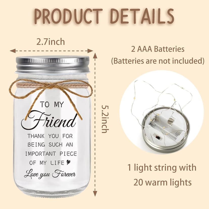 Friendship Gifts for Women, Mason Jar Night Lights for Friend, Gifts for Friends Best Friend Birthday Gifts, Thankgiving Christmas Gifts for Women