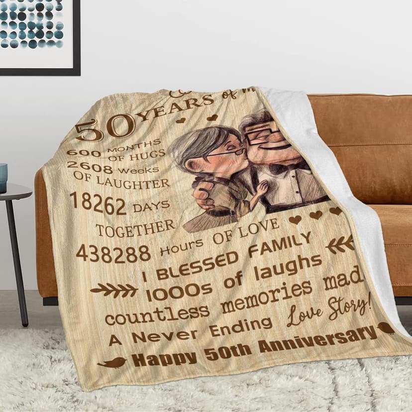 50th Anniversary Blanket Gifts, Golden 50th Wedding Anniversary Couple Gifts for Husband, Wife, Dad, Mom, Grandpa, Grandma, Grandparents, 50 Years of Marriage Gift Blanket 60"X 50"