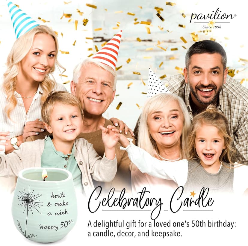 Pavilion Gift Company - 8 Oz Candle Holder - Green Ceramic Candle Jar with 100% Soy Wax Candle Serenity Scent "Smile And Make A Wish, Happy 50th" Ideal Gift for Loved Ones - Printed Text, Love Theme