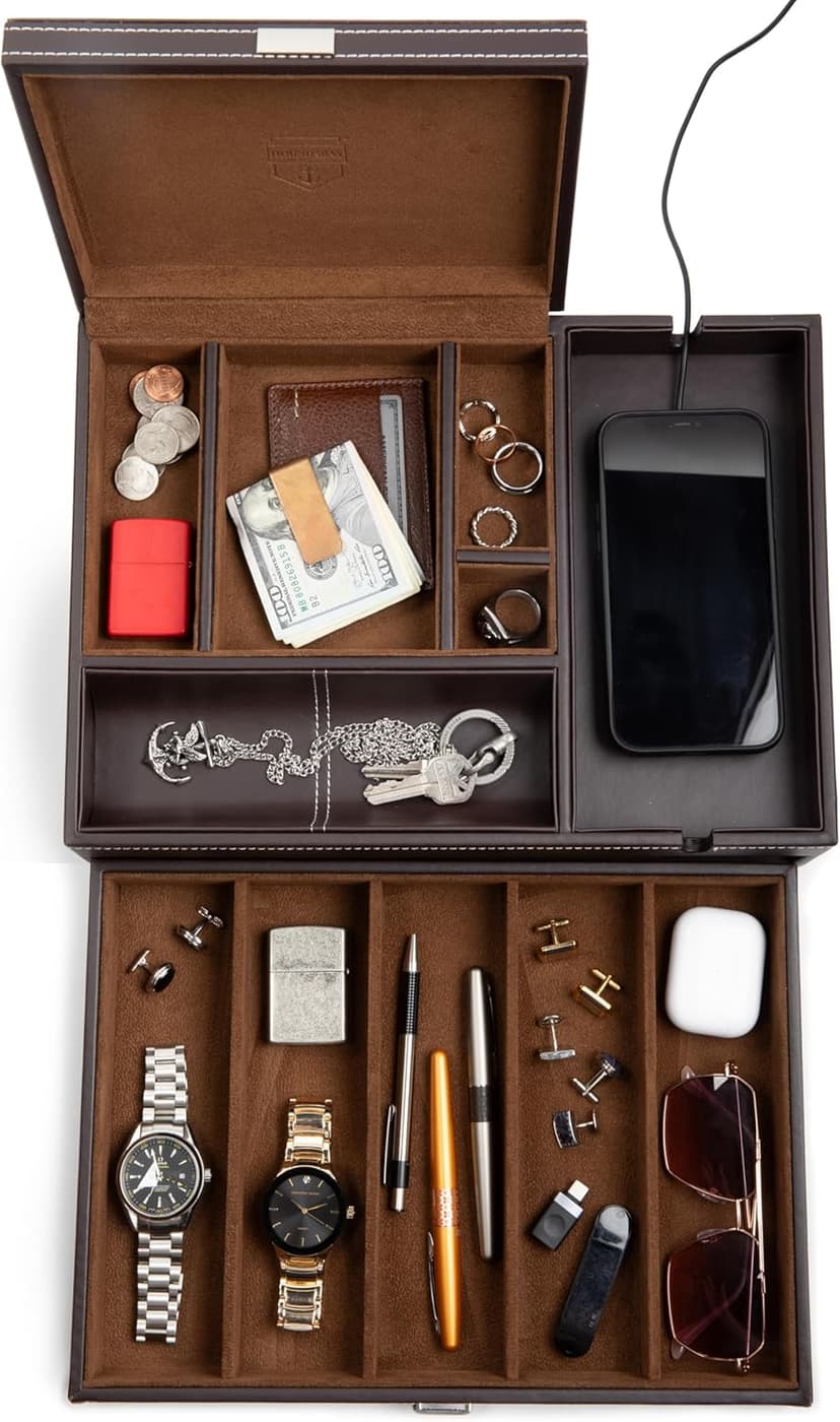 Mens Watch Box Leather Valet Tray - Bedside Table Organizer, Men's Jewelry Box, Watch Case for Men with Large Smartphone Charging Station - Jewelry Box for Men with Valet Box and Nightstand Organizer