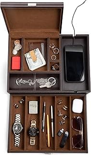 Mens Watch Box Leather Valet Tray - Bedside Table Organizer, Men's Jewelry Box, Watch Case for Men with Large Smartphone Charging Station - Jewelry Box for Men with Valet Box and Nightstand Organizer