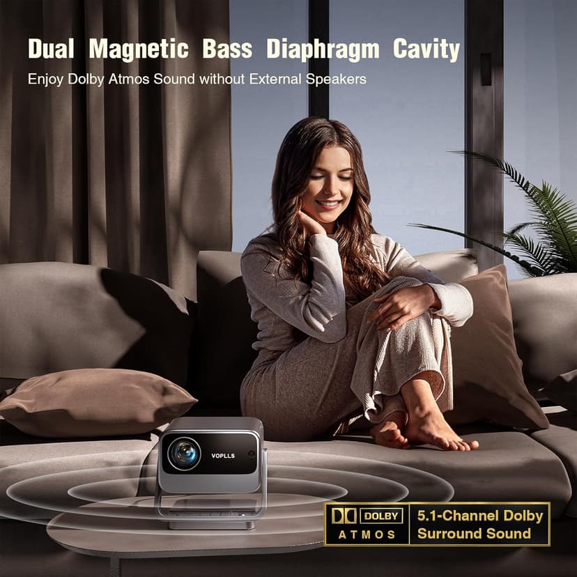 [Netflix Officially & Auto Focus] VOPLLS 4K Projector with WiFi and Bluetooth, 3D Stereo Sound & Auto Keystone Video Projector, 1200ANSI Outdoor Movie Projector, 50% Zoom, MAX 300''Display (Grey)