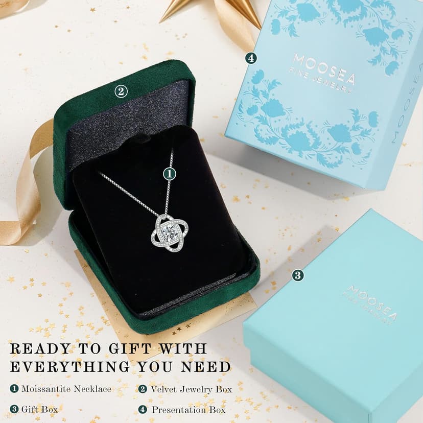 MOOSEA Love Knot Moissanite Necklace for Women, 1-3 ct D Color VVS1 Clarity Moissanite Pendant Necklace 925 Sterling Silver, Anniversary Birthday Gifts for Women Wife Mom Girlfriend Jewelry Gifts