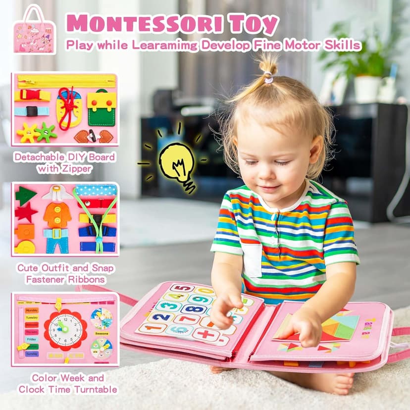 Montessori Busy Board for Toddlers 1-4 Years Old – Sensory Educational Toy for Fine Motor Skills, Travel-Friendly Activity Book, for Boys & Girls, Pink