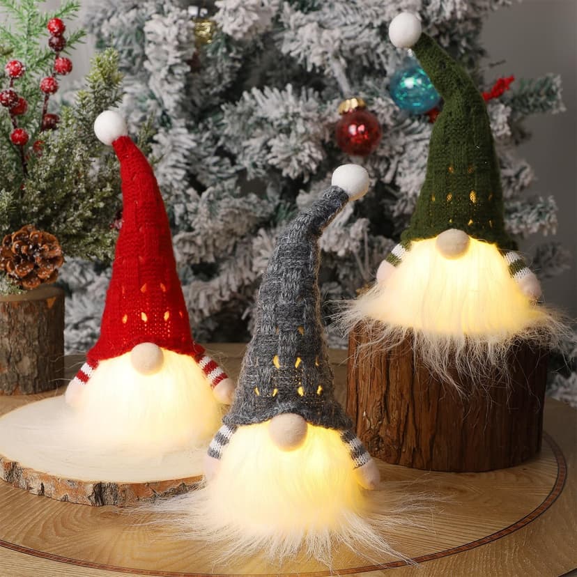Juegoal Christmas Plush Gnomes, 9 Inch Lighted Handmade Mini gnome Scandinavian, Light Up Swedish Tomte Elf Holiday Present, Battery Operated Xmas Gifts Table Ornaments Dinner Party Supplies, Set of 3