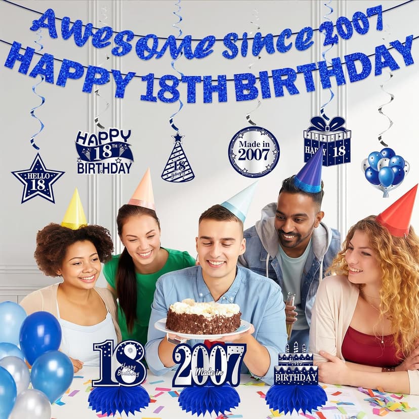 11Pcs 18th Birthday Decorations Kit for Boys Men, Blue Sliver Happy 18th Birthday Banner, Awesome Since 2007 Centerpieces Swirls Party Supplies, Eighteen Bday Banner Ceiling Table Topper Sign