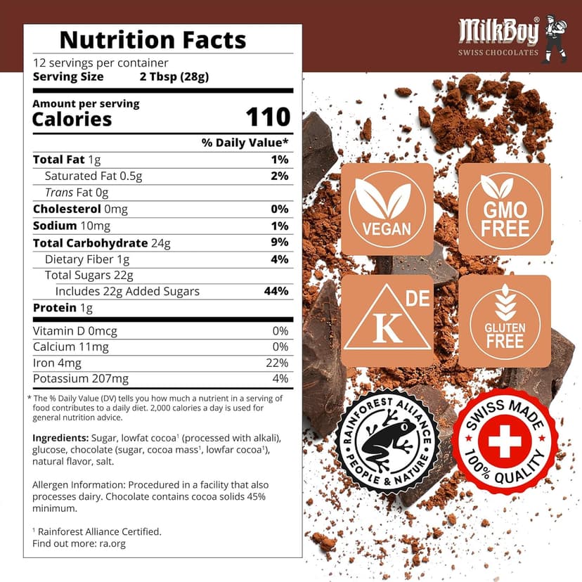 MilkBoy Dairy Free Hot Chocolate Mix - Gluten Free Swiss Cocoa Drink Powder, Vegan Hot Cocoa Mix, Gourmet Swiss Chocolate Drink, Kosher, Rainforest Alliance Certified - 12 oz Can