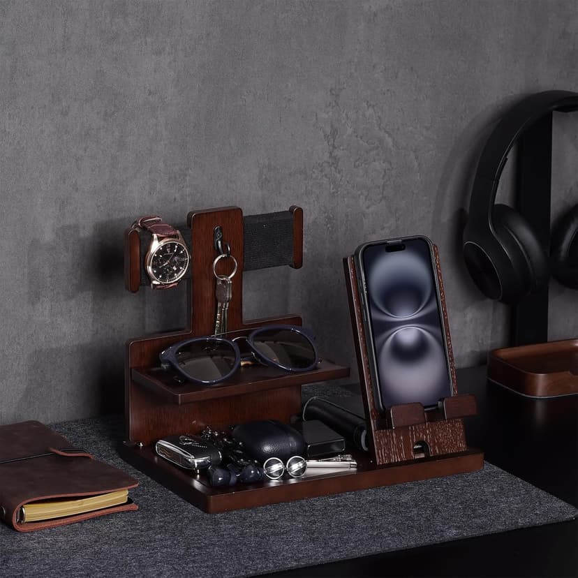 ProCase Gifts for Dad, Wood Phone Docking Station for Men, Dad Gifts From Daughter Son, Mens Nightstand Organizer, Anniversary Birthday Gifts for Dad Father Husband Him -Espresso (Engraved Word)