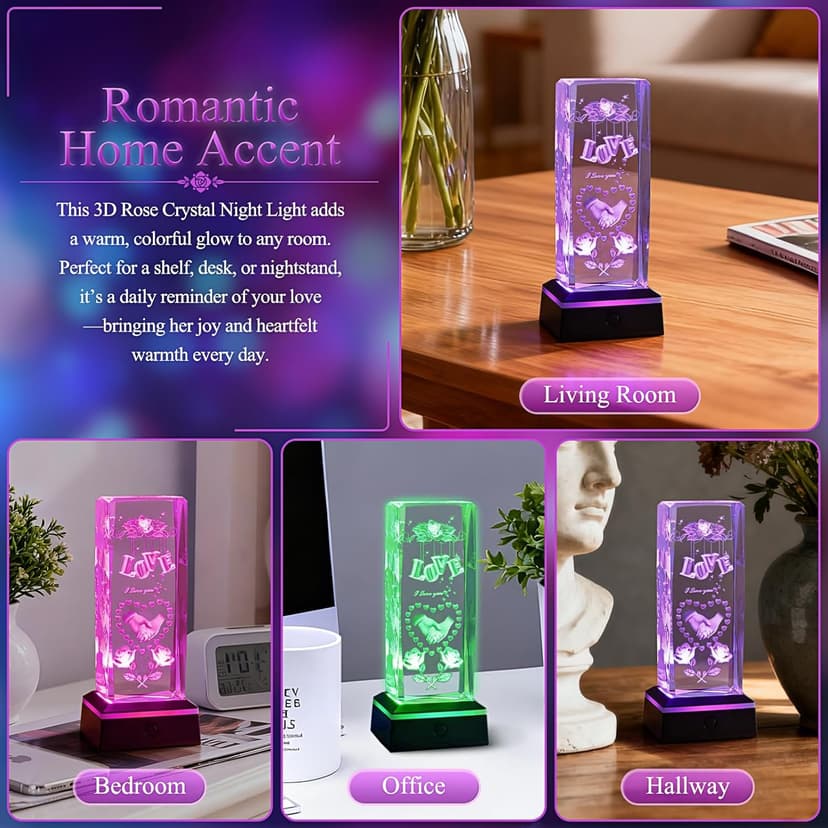 3D Love Crystal Night Light Gifts for Him Her Boyfriend Girlfriend Birthday Christmas, Romantic Love Crystal Lamp Wedding Anniversary Birthday Gift for Women Men Couples Wife Husband
