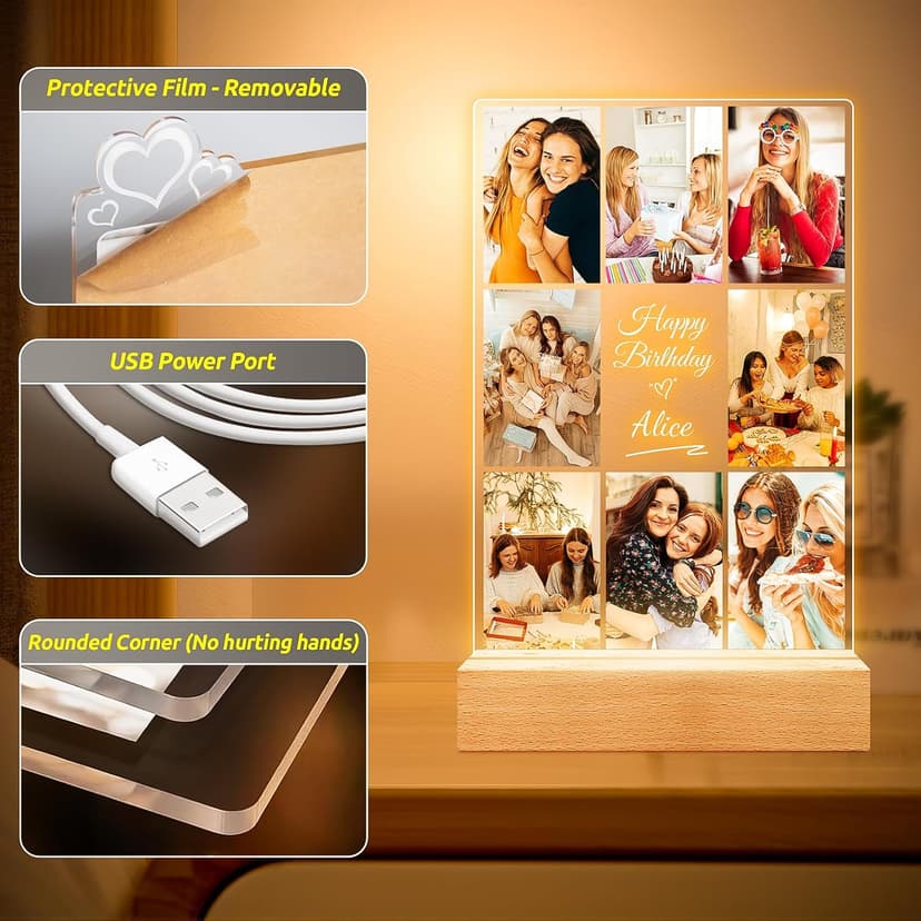 Custom Picture Frames with Photos, Personalized Photo Frame with Night Light, Customized Picture Frame, Personalized Christmas Birthday Gifts for Women, Men, Her, Him, Best Friends, Wife, Family