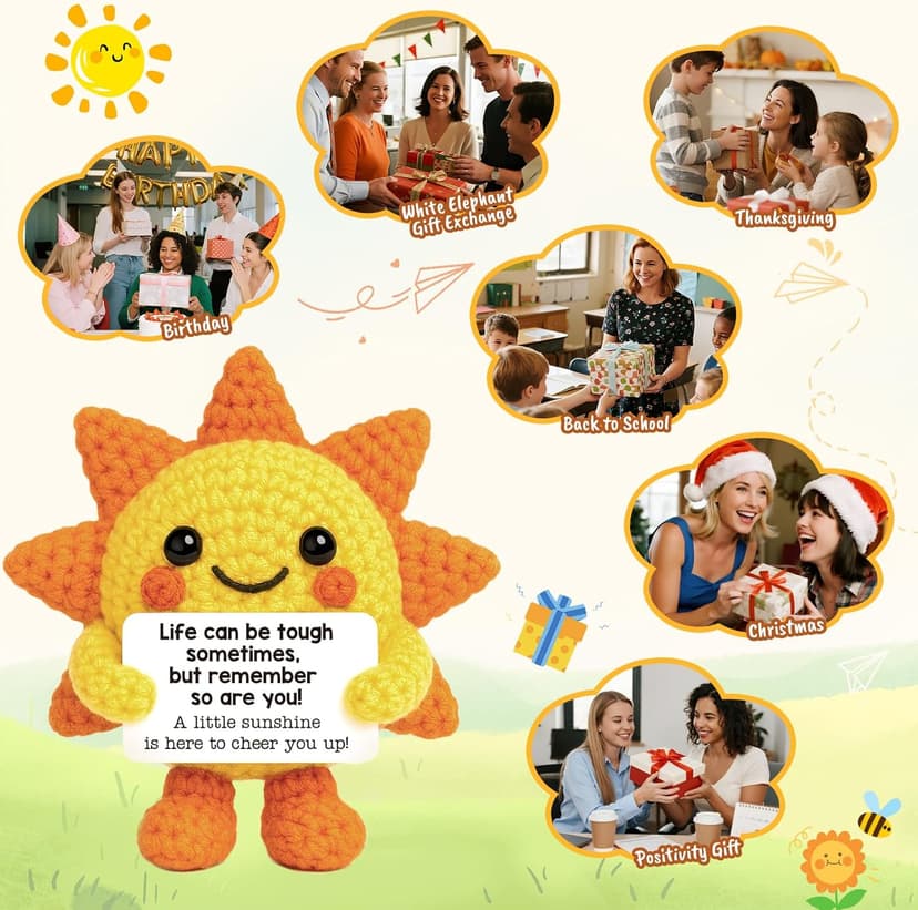 Mini Positive Crochet Sunshine Flowers Emotional Cheer Up Support Gift for Women Friends Coworkers Inspirational Stress Relief Gift Mental Health Positive Present for Birthday Christmas White Elephant