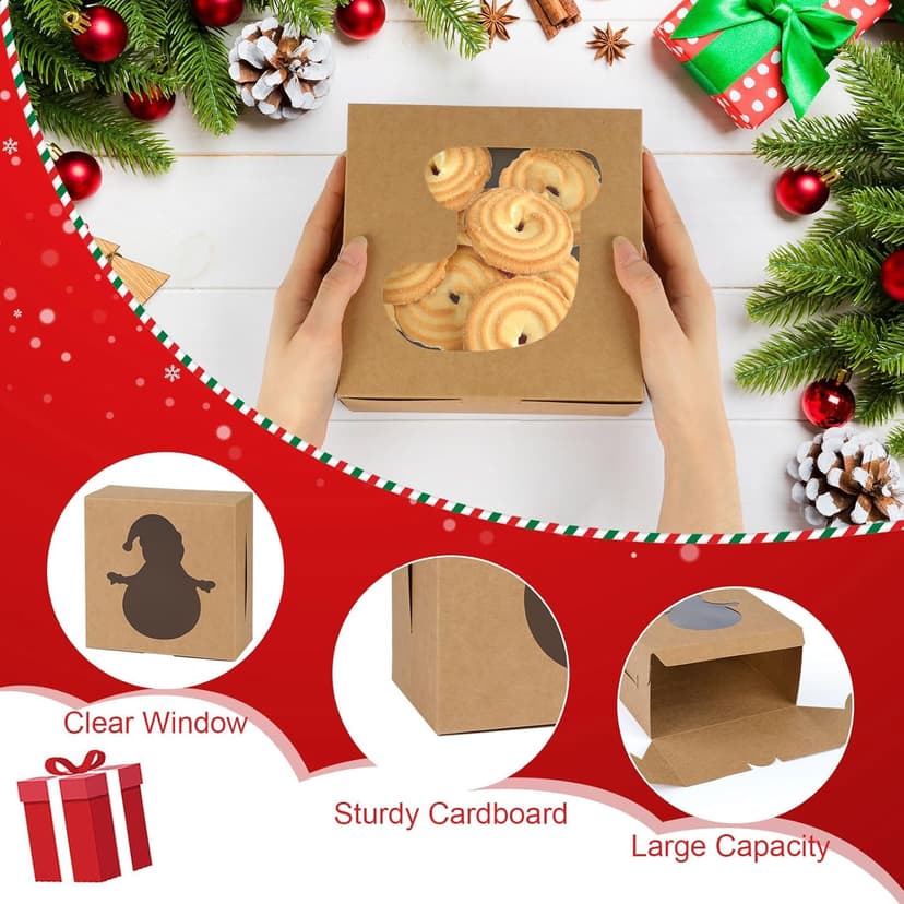12 PCS Christmas Cookie Boxes, 6×6×3 Inches Treat Boxes Tin, Small Pastry Boxes with Window, for Gift Giving Packaging Dessert Bakery Cupcake Baked Goods (Brown)