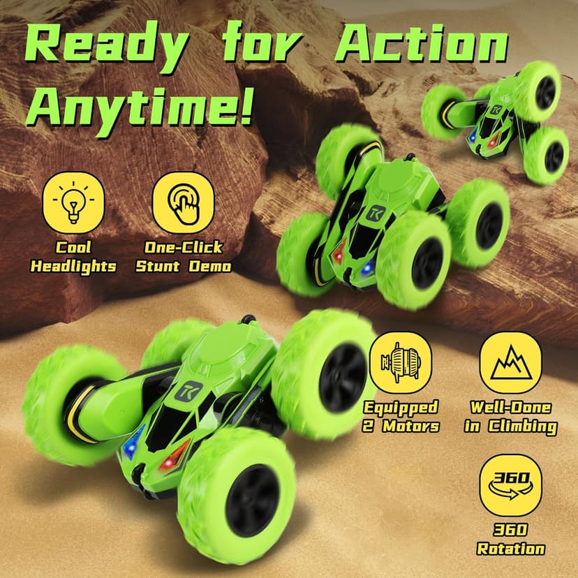 Threeking RC Stunt Cars Remote Control Car Double-Sided Driving 360-degree Flips Rotating Car Toy, Green