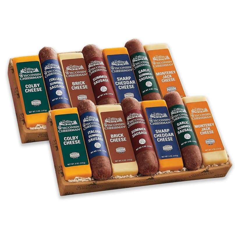 2 Holiday Gift Boxes - The Wisconsin Cheeseman Meat and Cheese Combo - Featuring Italian, Original and Garlic Summer Sausages, Colby, Brick, Sharp Cheddar, and Monterey Charcuterie Boards, Charcuterie Gift Basket Set