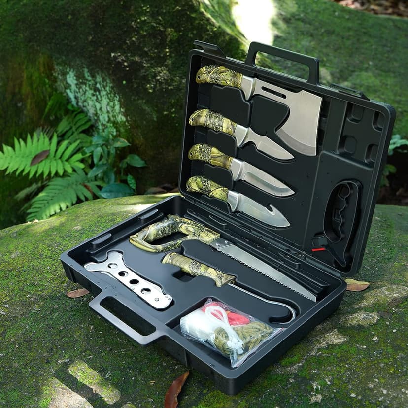 GVDV Hunting Knife Set - 14 Pieces, Portable Butcher Game Processing Kit for Men, Field Dressing Kit with Gut Hook Skinner Knife, Caping knife, Axe, Wood/Bone Saw, Spreader, Gloves, Gifts for Men